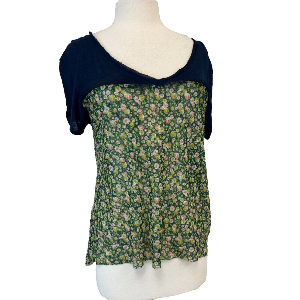 Free People BoHo Top Button Back Navy Yokes Flora Body V-Neck Cap Sleeve SZ S